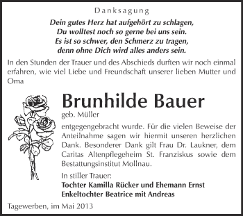 Traueranzeige von Brunhilde Bauer von WVG - Wochenspiegel Merseburg