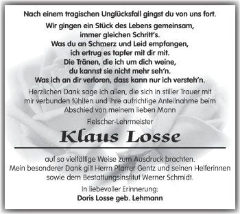 Traueranzeige von Klaus Losse von WVG - Wochenspiegel Quedlinburg