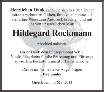 Traueranzeige von Hildegard Rockmann von Super Sonntag Aschersleben