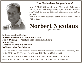 Traueranzeige von Norbert Nicolaus von Super Sonntag Bernburg