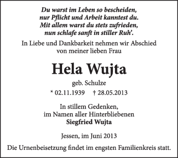 Traueranzeige von Hela Wutja von WVG - Wochenspiegel Wittenberg