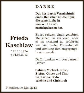 Traueranzeige von Frieda Kaschlaw von Super Sonntag Bernburg