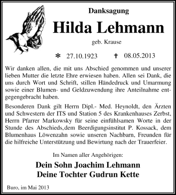 Traueranzeige von Hilda Lehmann von Super Sonntag Dessau / Köthen