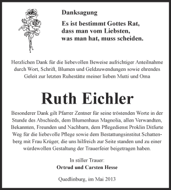 Traueranzeige von Ruth Eichler von WVG - Wochenspiegel Quedlinburg