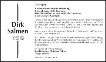 Traueranzeige von Dirk Salmen von WVG - Wochenspiegel Quedlinburg