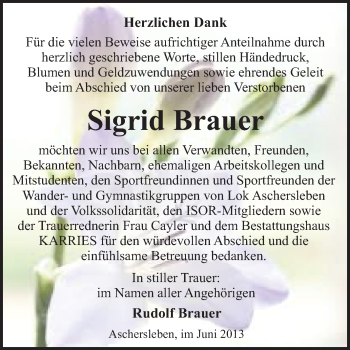Traueranzeige von Sigrid Brauer von WVG - Wochenspiegel Quedlinburg