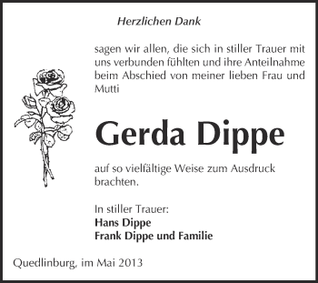 Traueranzeige von Gerda Dippe von WVG - Wochenspiegel Quedlinburg