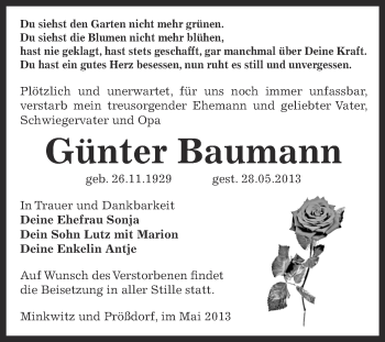 Traueranzeige von Günter Baumann von Super Sonntag Zeitz