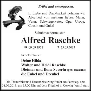 Traueranzeige von Alfred Raschke von WVG - Wochenspiegel Dessau / Köthen