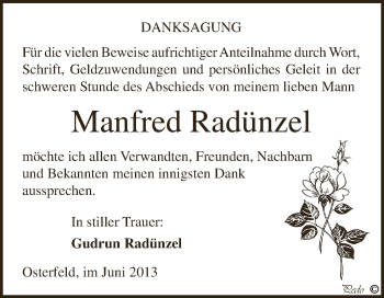 Traueranzeige von Manfred Radünzel von Super Sonntag Zeitz