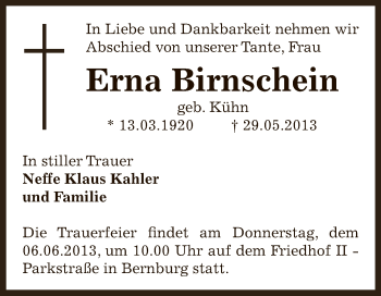 Traueranzeige von Erna Birnschein von Super Sonntag Bernburg