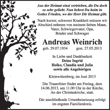 Traueranzeige von Andreas Weinrich von WVG - Wochenspiegel Wittenberg