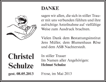 Traueranzeige von Christel Schulze von WVG - Wochenspiegel Aschersleben