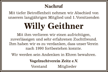 Traueranzeige von Willy Geithner von Super Sonntag Zeitz
