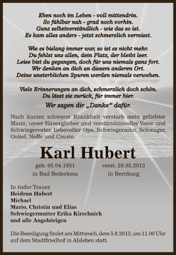 Traueranzeige von Karl Hubert von Super Sonntag Bernburg