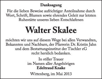 Traueranzeige von Walter Skalee von Super Sonntag Wittenberg