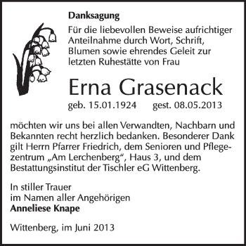 Traueranzeige von Erna Grasenack von WVG - Wochenspiegel Wittenberg