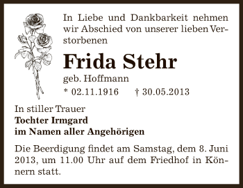 Traueranzeige von Frida Stehr von Super Sonntag Bernburg