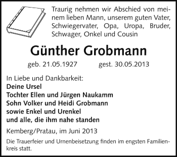 Traueranzeige von Günther Grobmann von Super Sonntag Wittenberg