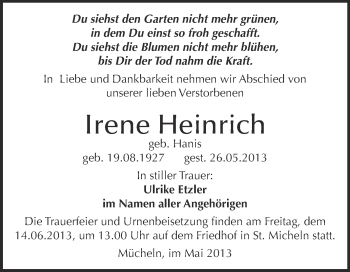 Traueranzeige von Irene Heinrich von WVG - Wochenspiegel Merseburg