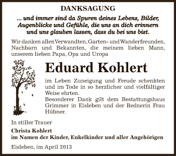 Traueranzeige von Eduard Kohlert von Wochenspiegel Mansfelder Land