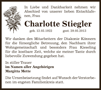 Traueranzeige von Charlotte Stiegler von Super Sonntag Bernburg