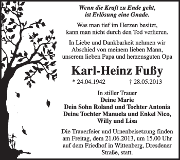 Traueranzeige von Karl-Heinz Fußy von WVG - Wochenspiegel Wittenberg