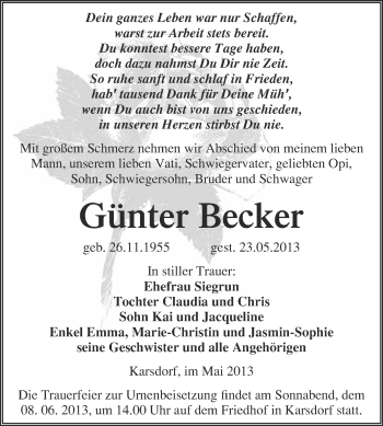 Traueranzeige von Günter Becker von WVG - Wochenspiegel NMB / WSF / ZTZ