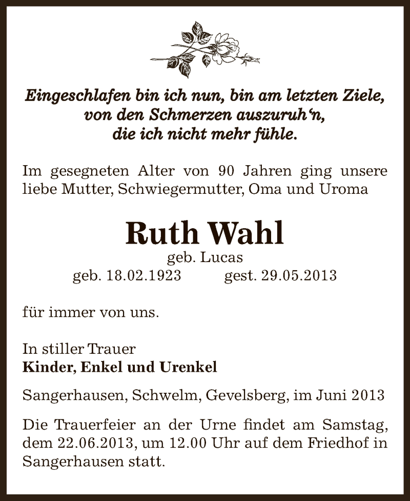  Traueranzeige für Ruth Wahl vom 12.06.2013 aus WVG - Wochenspiegel SGH