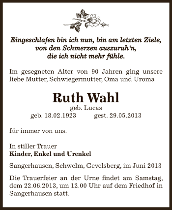 Traueranzeige von Ruth Wahl von WVG - Wochenspiegel SGH