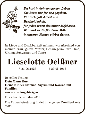 Traueranzeige von Lieselotte Oelßner von Super Sonntag Zeitz
