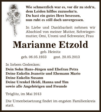 Traueranzeige von Marianne Etzold von Super Sonntag Zeitz