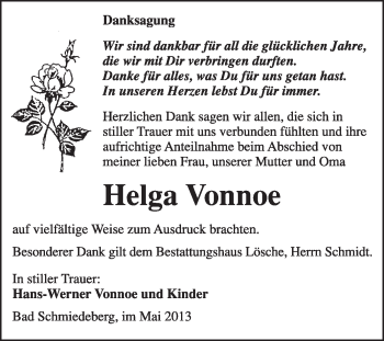 Traueranzeige von Helga Vonnoe von WVG - Wochenspiegel Wittenberg