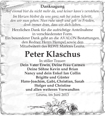 Traueranzeige von Peter Klaschus von Super Sonntag Merseburg