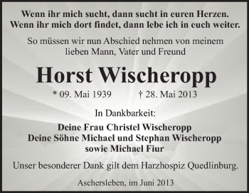 Traueranzeige von Horst Wischeropp von WVG - Wochenspiegel Quedlinburg