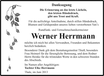Traueranzeige von Werner Herrmann von Super Sonntag Quedlinburg