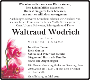 Traueranzeige von Waltraud Wodrich von Super Sonntag Quedlinburg