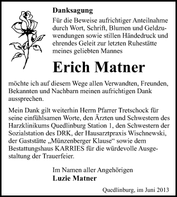 Traueranzeige von Erich Matner von WVG - Wochenspiegel Quedlinburg