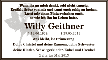 Traueranzeige von Willy Geithner von Super Sonntag Zeitz