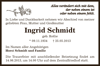 Traueranzeige von Ingrid Schmidt von WVG - Wochenspiegel Dessau / Köthen