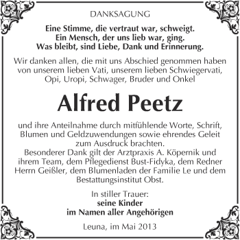 Traueranzeige von Alfred Peetz von Super Sonntag Merseburg