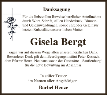 Traueranzeige von Gisela Bergt von WVG - Wochenspiegel Dessau / Köthen
