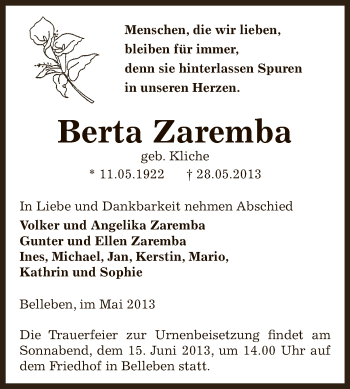 Traueranzeige von Berta Zaremba von Super Sonntag SGH Mansf. Land