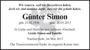 Traueranzeige von Günter Simon von WVG - Wochenspiegel Aschersleben
