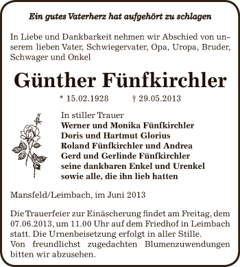 Traueranzeige von Günther Fünfkirchler von Wochenspiegel Mansfelder Land