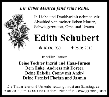 Traueranzeige von Edith Schubert von Super Sonntag Dessau / Köthen