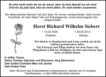 Traueranzeige von Horst Richard Wilhelm Siebert von Super Sonntag Dessau / Köthen