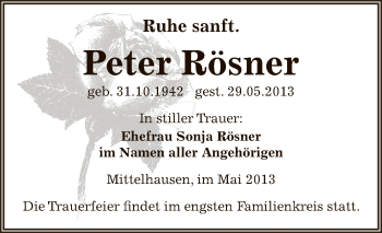 Traueranzeige von Peter Rösner von WVG - Wochenspiegel SGH