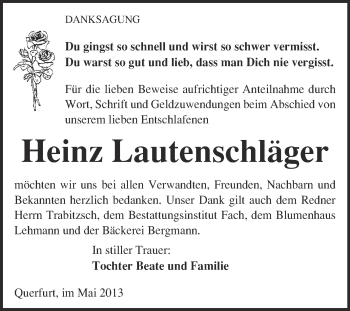 Traueranzeige von Heinz Lautenschläger von WVG - Wochenspiegel Merseburg