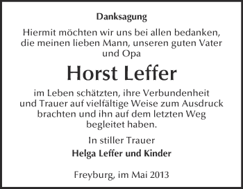 Traueranzeige von Horst Leffer von WVG - Wochenspiegel NMB / WSF / ZTZ